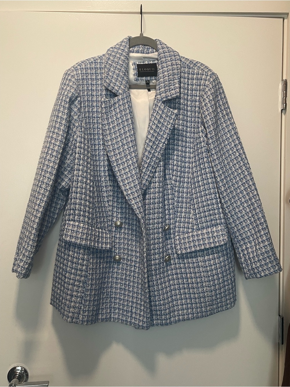 Eloquii Light Blue & White Tweed Double-Breasted Blazer